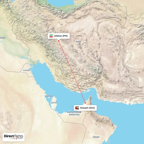 Isfahan - Sharjah direct flight map