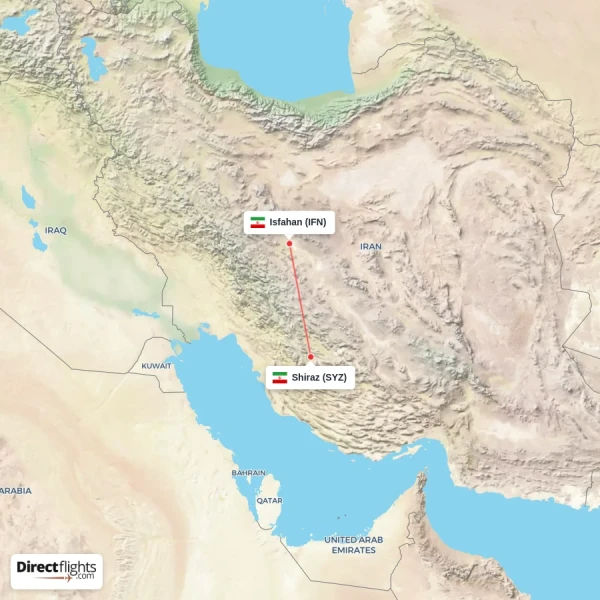 Isfahan - Shiraz direct flight map