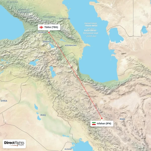 Isfahan - Tbilisi direct flight map