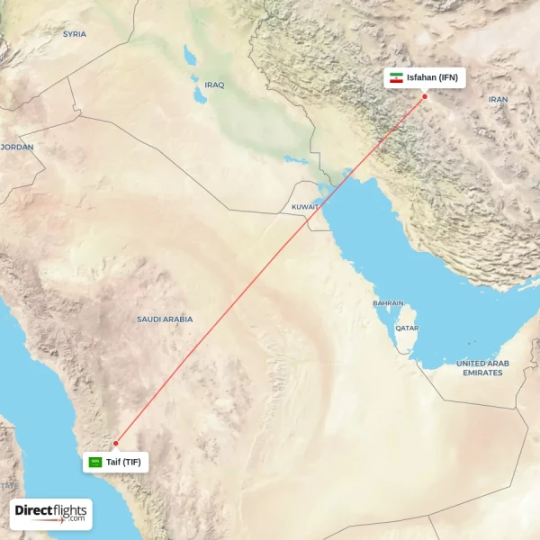 Isfahan - Taif direct flight map