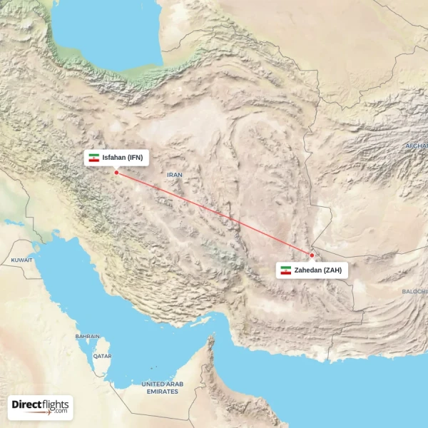 Isfahan - Zahedan direct flight map