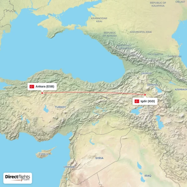 Igdir - Ankara direct flight map