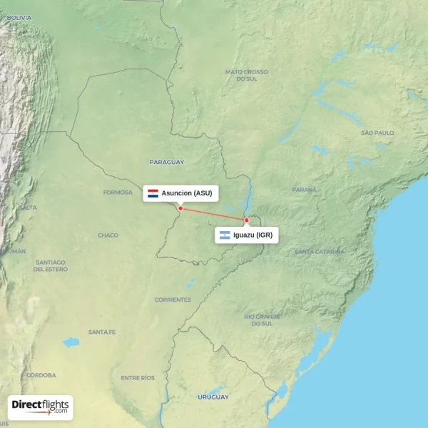 Iguazu - Asuncion direct flight map