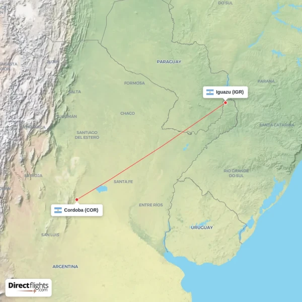 Iguazu - Cordoba direct flight map