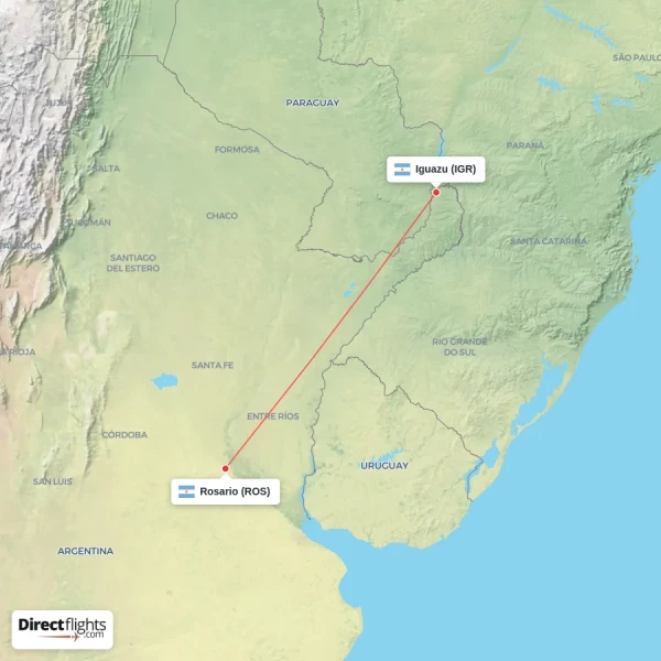 Iguazu - Rosario direct flight map
