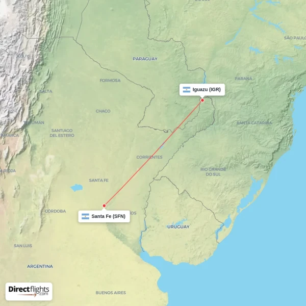 Iguazu - Santa Fe direct flight map