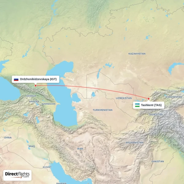 Ordzhonikidzevskaya - Tashkent direct flight map