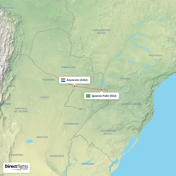 Iguassu Falls - Asuncion direct flight map