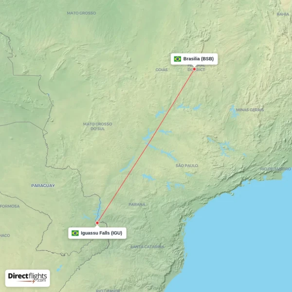 Iguassu Falls - Brasilia direct flight map