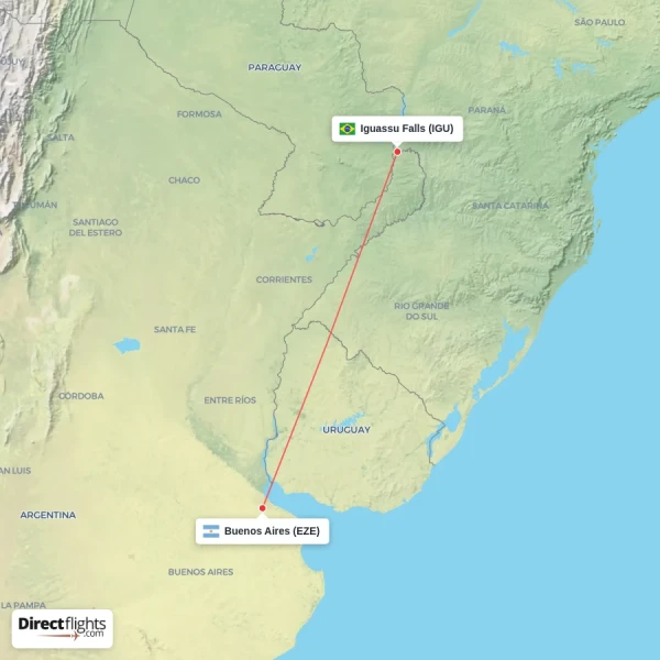 Iguassu Falls - Buenos Aires direct flight map