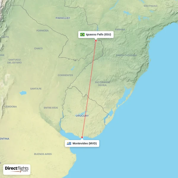 Iguassu Falls - Montevideo direct flight map