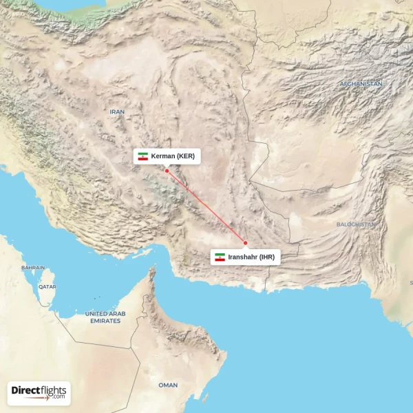 Iranshahr - Kerman direct flight map