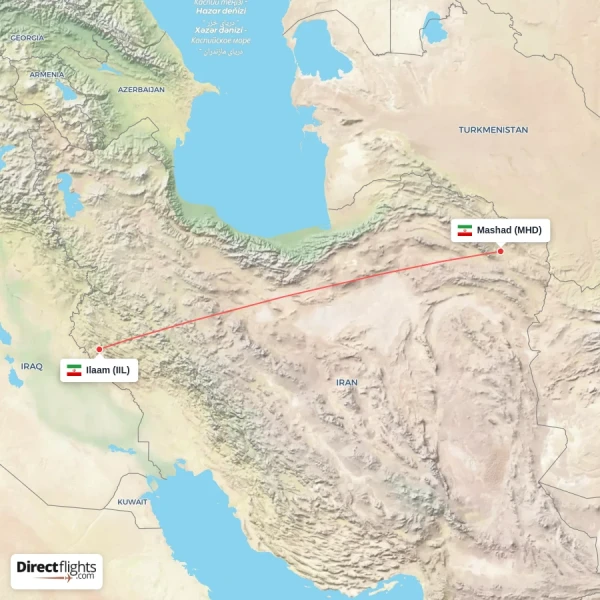 Ilaam - Mashad direct flight map