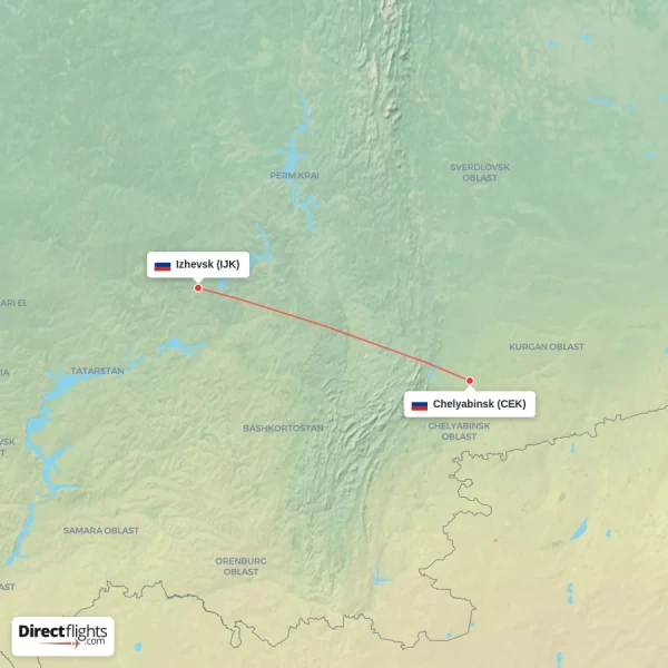 Izhevsk - Chelyabinsk direct flight map