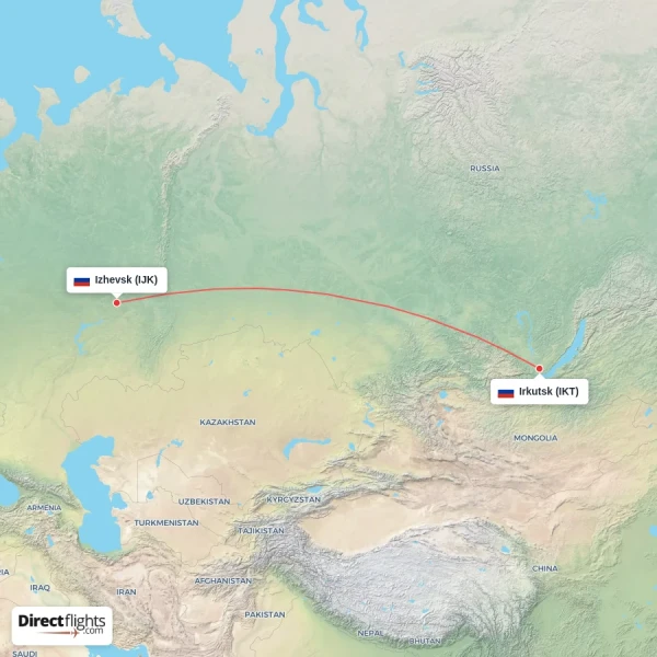 Izhevsk - Irkutsk direct flight map