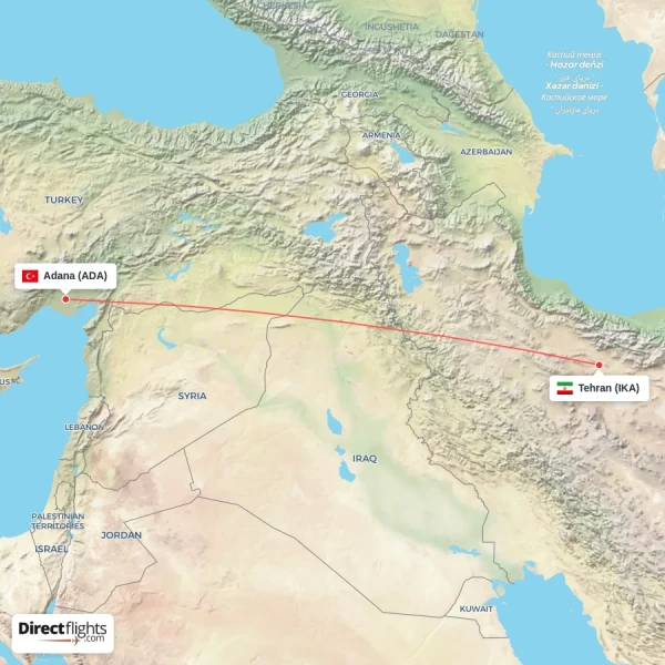 Tehran - Adana direct flight map