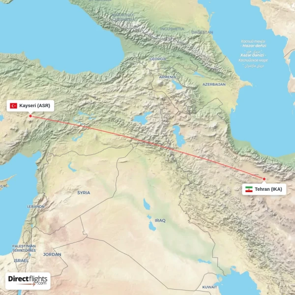 Tehran - Kayseri direct flight map