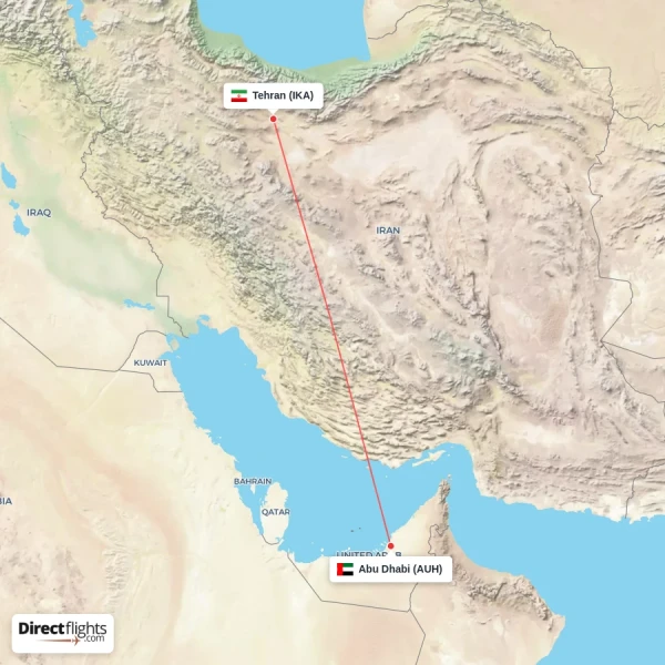 Tehran - Abu Dhabi direct flight map