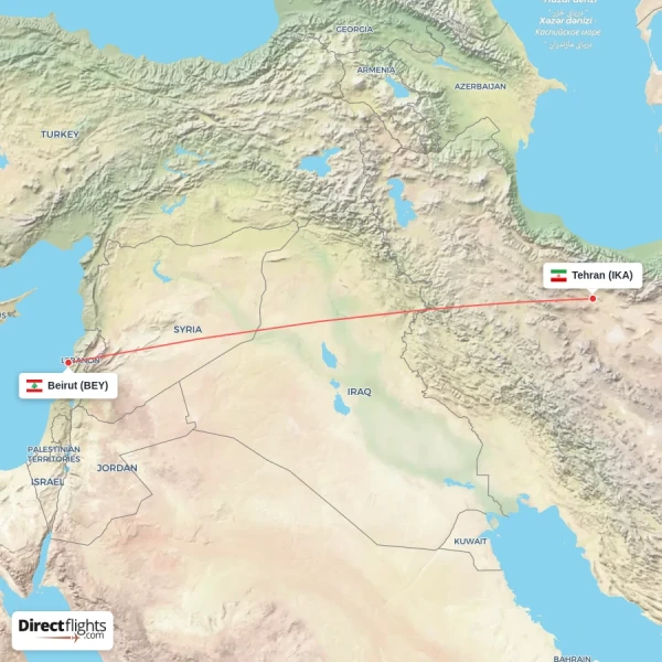 Tehran - Beirut direct flight map