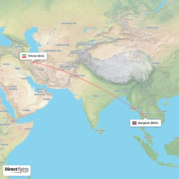 Tehran - Bangkok direct flight map