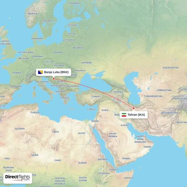 Tehran - Banja Luka direct flight map