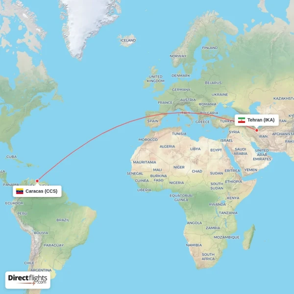 Tehran - Caracas direct flight map