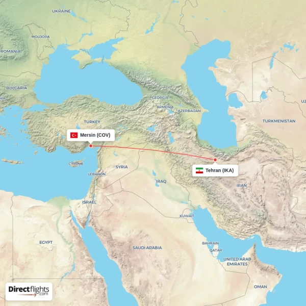 Tehran - Mersin direct flight map