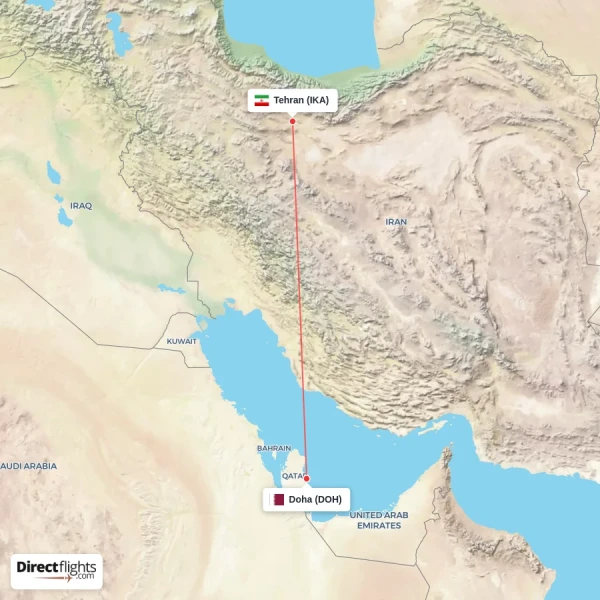 Tehran - Doha direct flight map