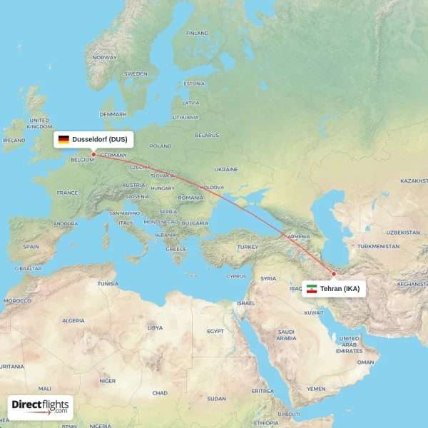 Tehran - Dusseldorf direct flight map