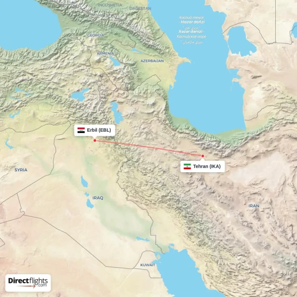 Tehran - Erbil direct flight map