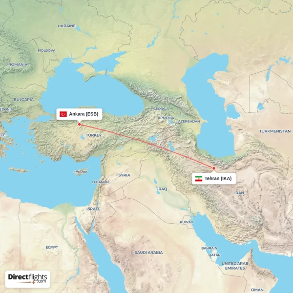 Tehran - Ankara direct flight map