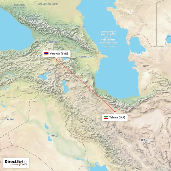 Tehran - Yerevan direct flight map