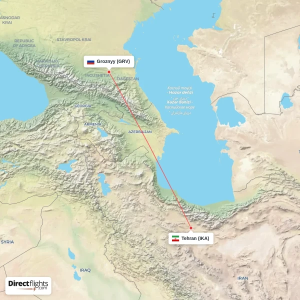 Tehran - Groznyy direct flight map
