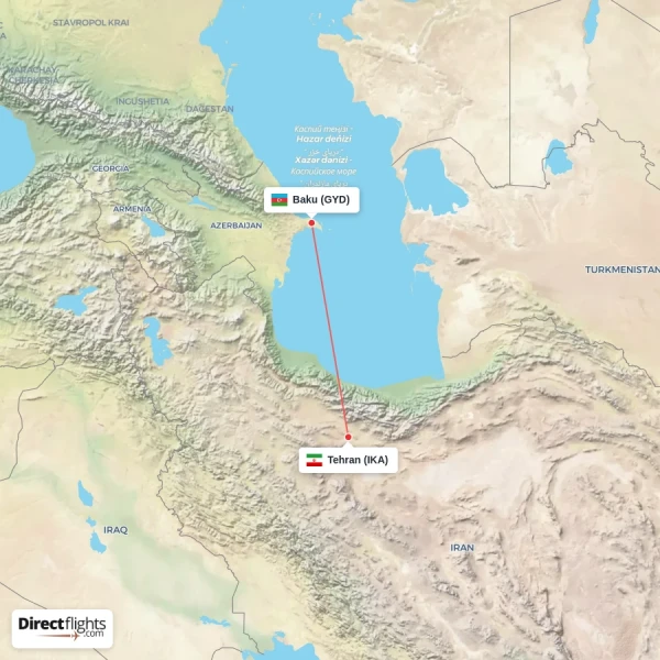 Tehran - Baku direct flight map
