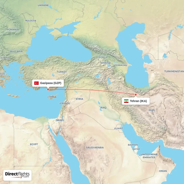 Tehran - Gazipasa direct flight map
