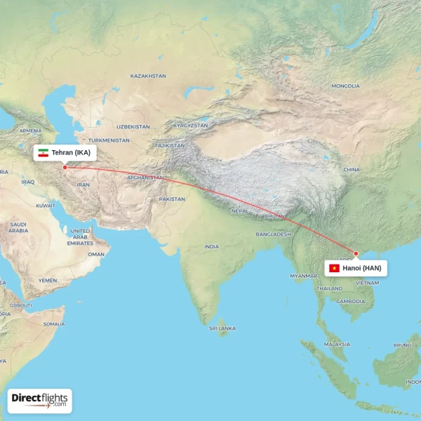 Tehran - Hanoi direct flight map