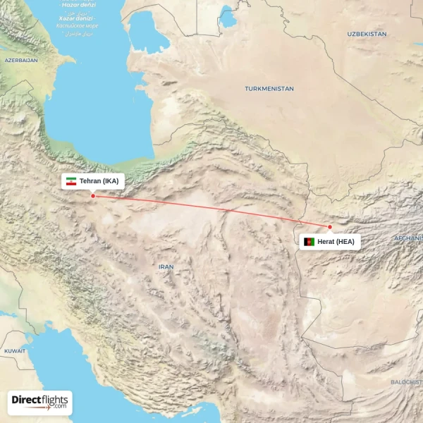 Tehran - Herat direct flight map