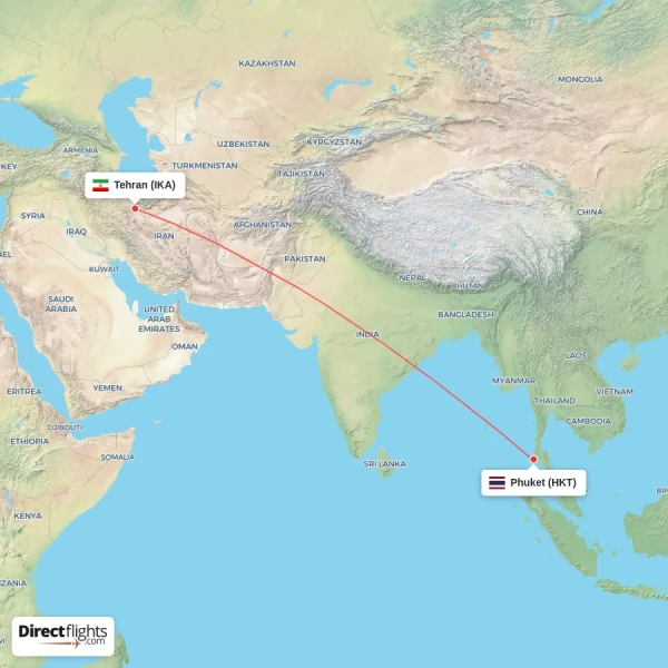 Tehran - Phuket direct flight map