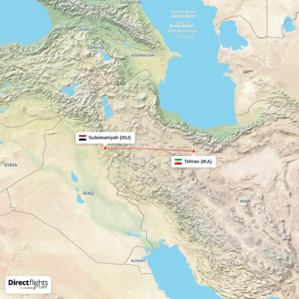 Tehran - Sulaimaniyah direct flight map