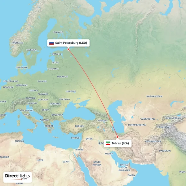 Tehran - Saint Petersburg direct flight map