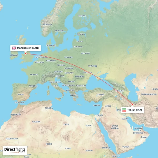 Tehran - Manchester direct flight map