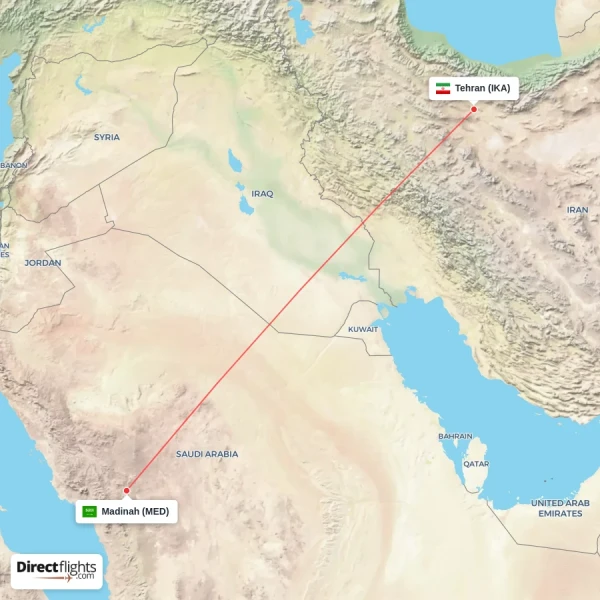 Tehran - Madinah direct flight map