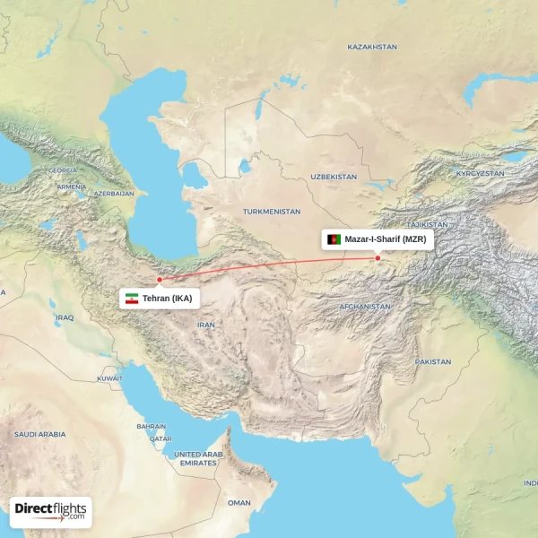 Tehran - Mazar-I-Sharif direct flight map