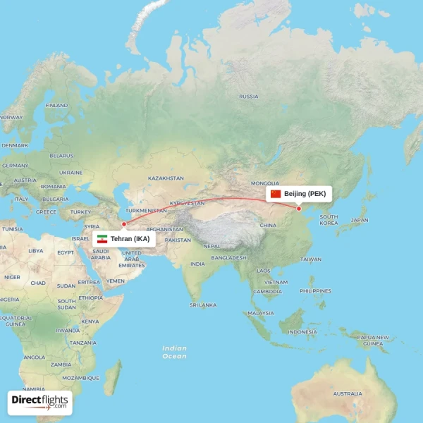 Tehran - Beijing direct flight map