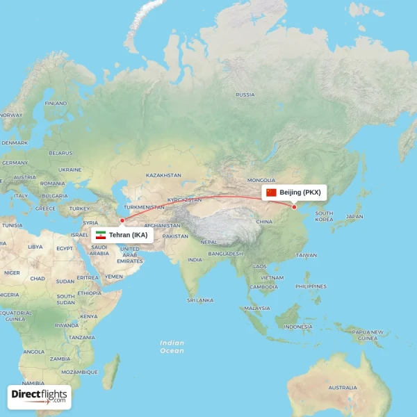 Tehran - Beijing direct flight map