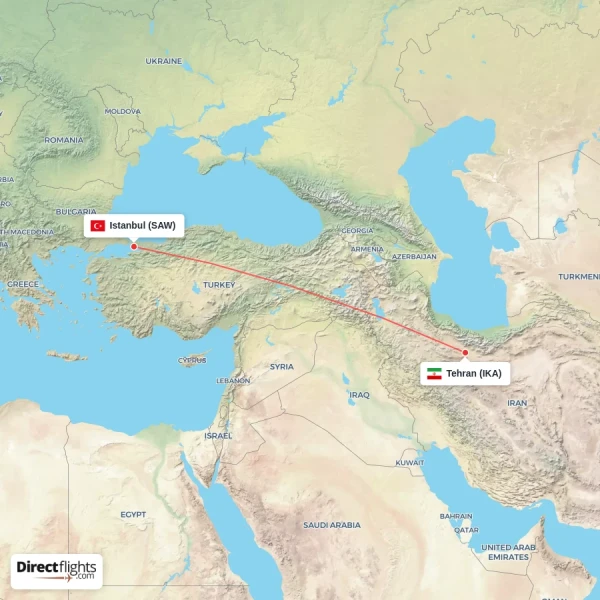 Tehran - Istanbul direct flight map