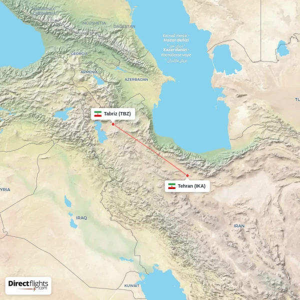 Tehran - Tabriz direct flight map