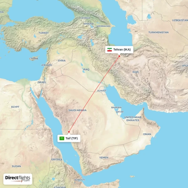 Tehran - Taif direct flight map