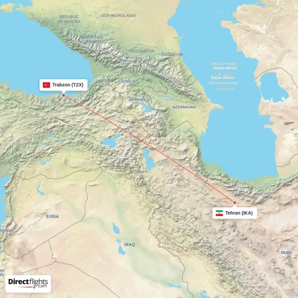 Tehran - Trabzon direct flight map
