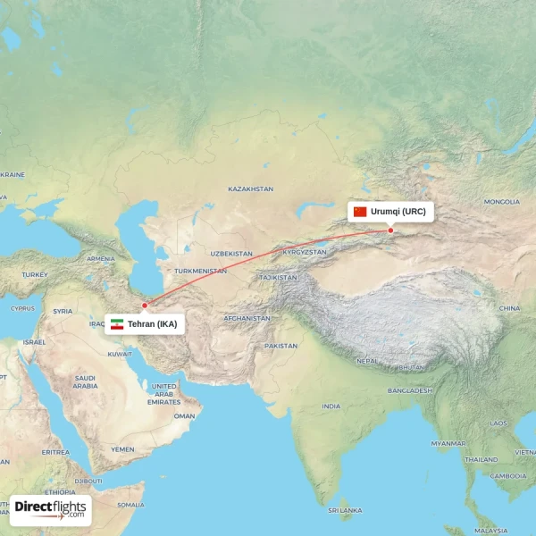 Tehran - Urumqi direct flight map